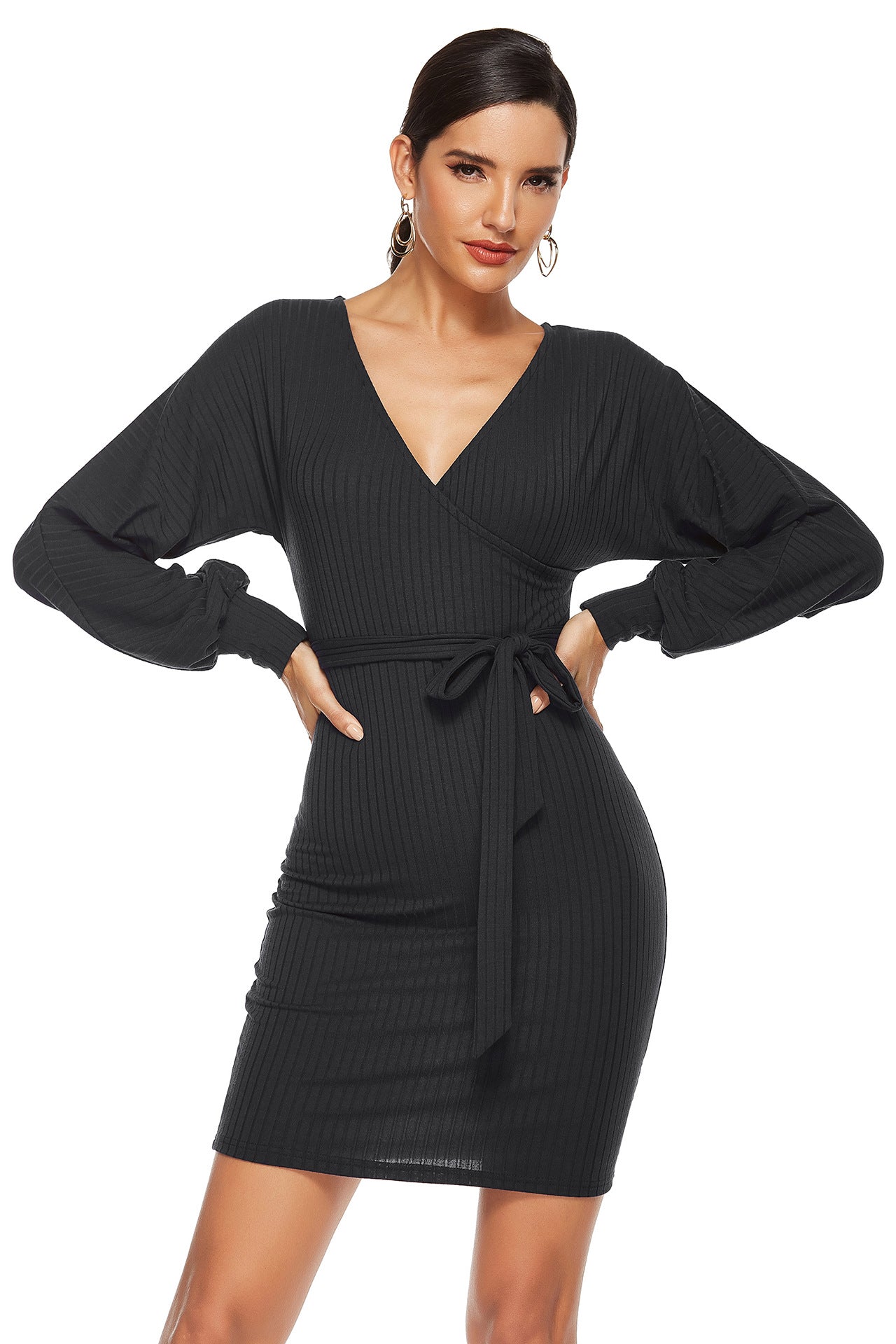 V Neck Tie Thermal Sweater Dress