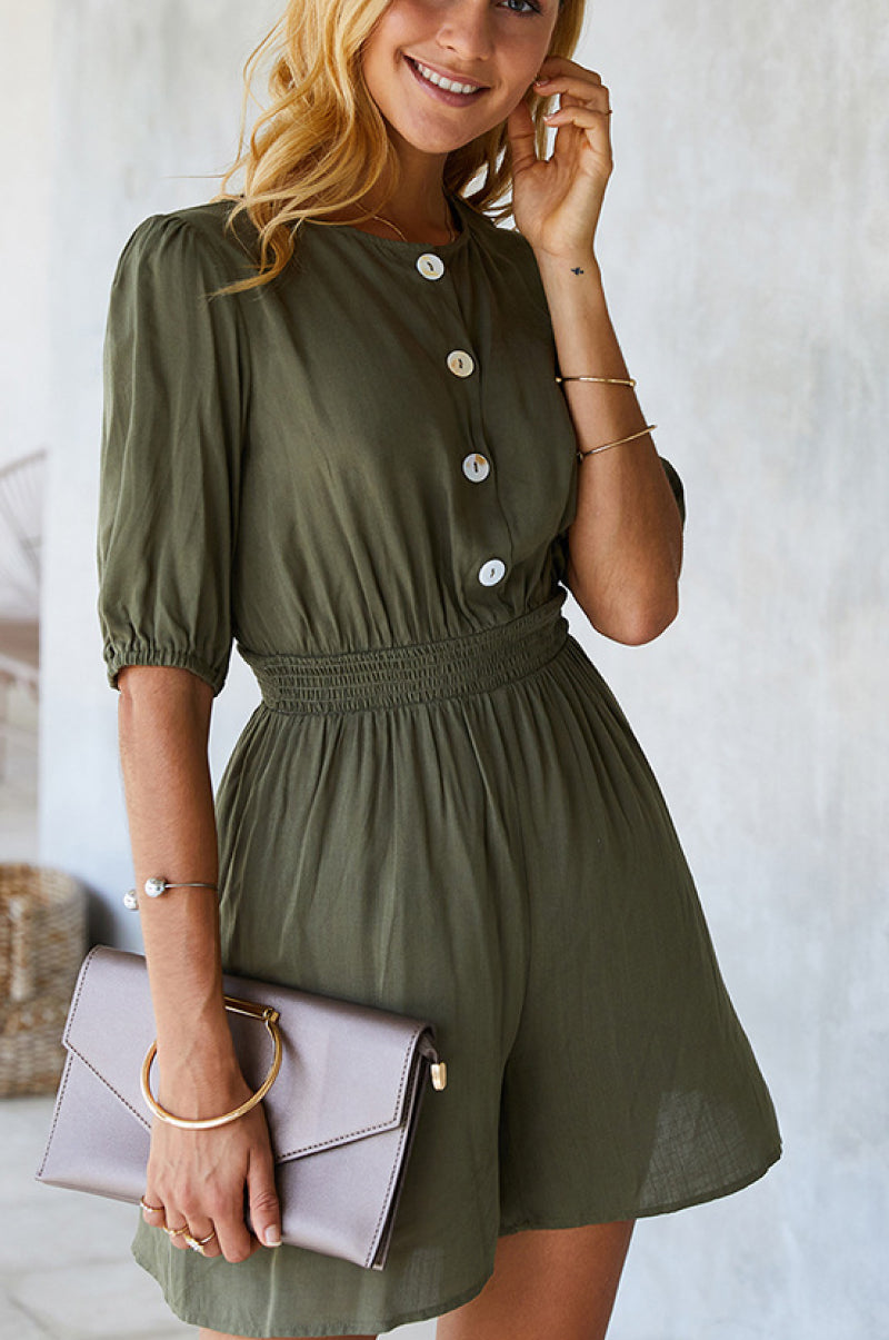 High Neck Button Smocked Waist Romper