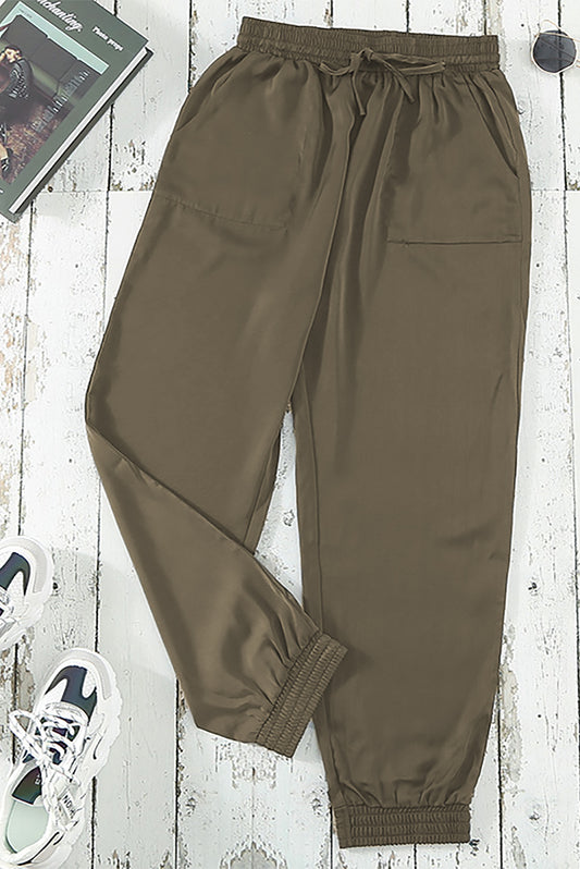 Pocketed Drawstring Satiny Joggers