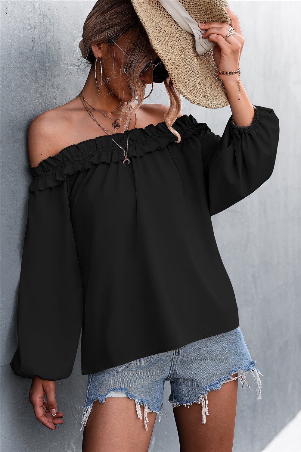 Frill Trim Off-Shoulder Balloon Sleeve Top