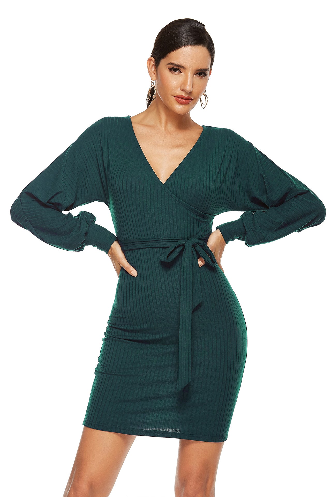 V Neck Tie Thermal Sweater Dress